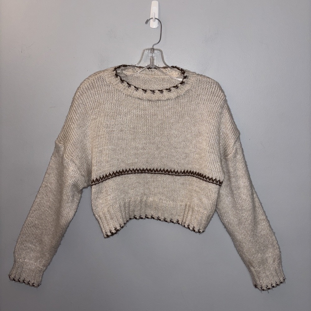 Boho Beige Knit Cropped Sweater Metallic Contrast Trim Lightweight Size‎ L